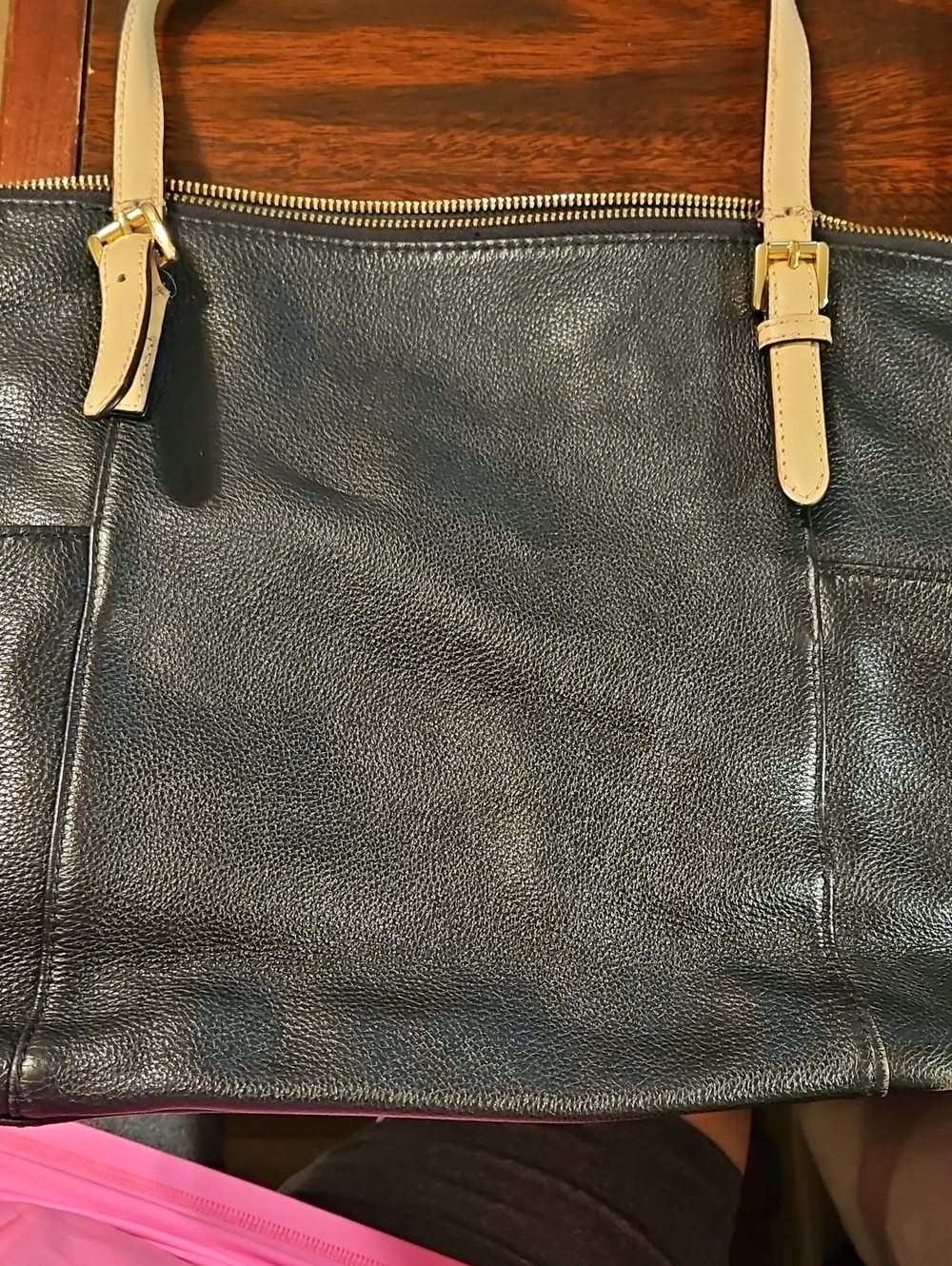 Michael Kors Black Leather Tote with Beige Straps and Gold Hardware